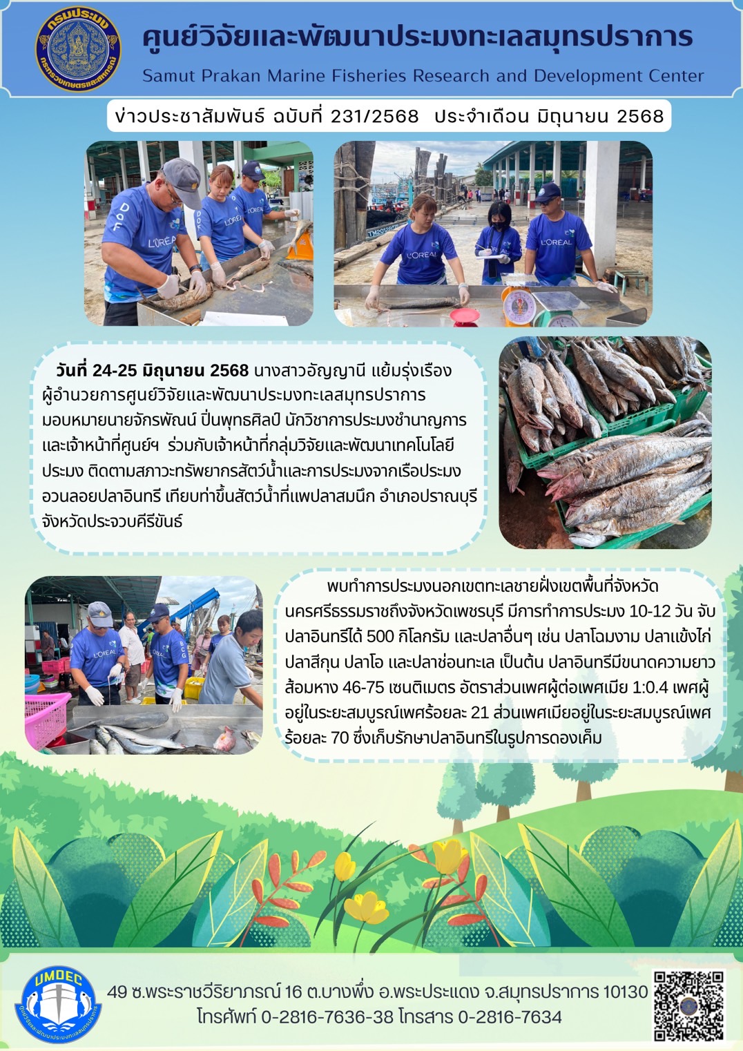 เจ้าหน้าที่ศูนย์วิจัยและพัฒนาประมงทะเลสมุทรปราการติดตามสภาวะทรัพยากรสัตว์น้ำและการประมงจากเรือประมงประเภทอวนลอยปลาอินทรีที่ขึ้นท่าบริเวณจังหวัดเพชรบุรีและประจวบคีรีขันธ์..คลิก