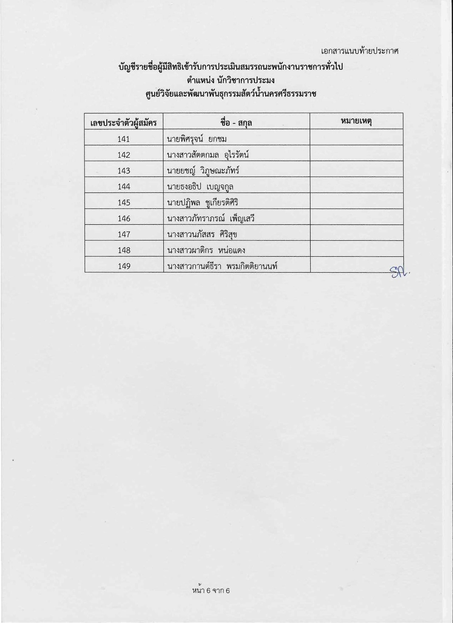 ประกาศรายชื่อผู้มีสิทธิเข้ารับการประเมินสมรรถนะ กำหนดวัน เวลา สถานที่ในการประเมินสมรรถนะในตำแหน่ง นักวิชาการประมง