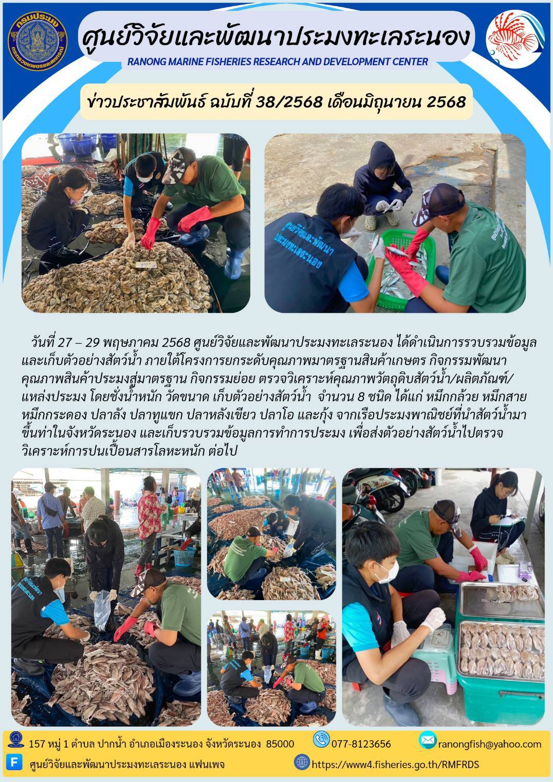 วันที่ 27 - 29 พฤษภาคม 2568 ศูนย์วิจัยและพัฒนาประมงทะเลระนอง ได้ดำเนินการรวบรวมข้อมูลและเก็บตัวอย่างสัตว์น้ำ ภายใต้โครงการยกระดับคุณภาพมาตรฐานสินค้าเกษตร กิจกรรมพัฒนา คุณภาพสินค้าประมงสู่มาตรฐาน กิจกรรมย่อย ตรวจวิเคราะห์คุณภาพวัตถุดิบสัตว์น้ำ/ผลิตภัณฑ์/แหล่งประมง โดยชั่งนำหนัก วัดขนาด เก็บตัวอย่างสัตว์นำ จำนวน 8 ชนิด ฯลฯ