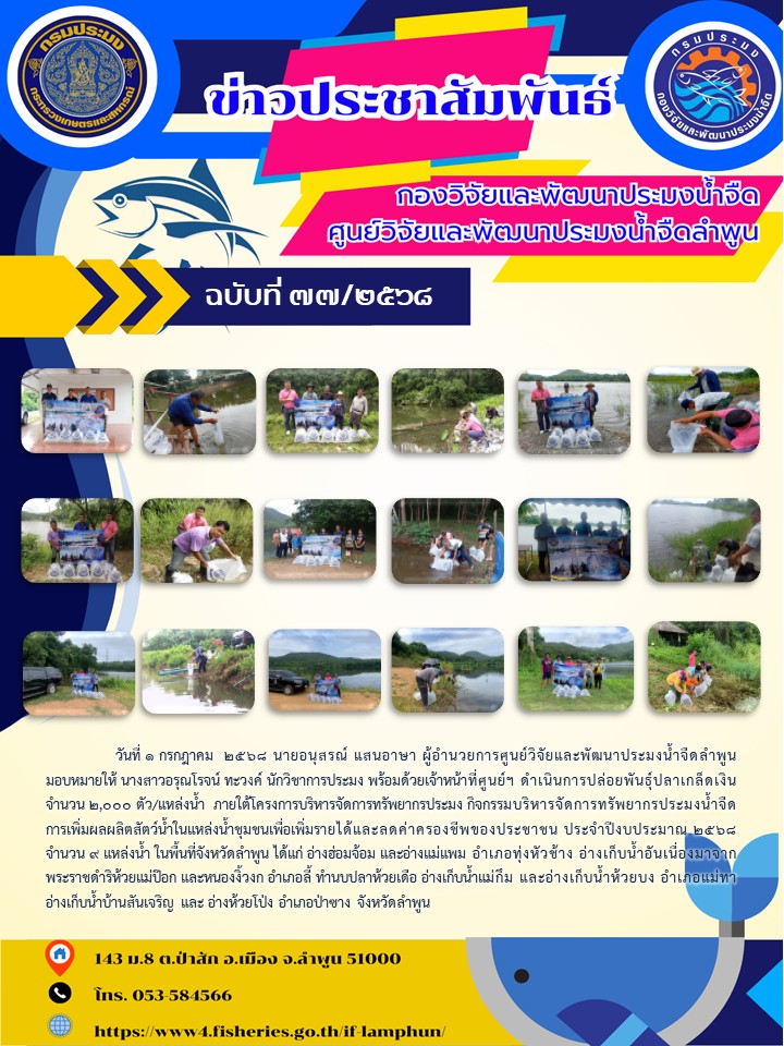 วันที่ 1 กรกฎาคม  2568 นายอนุสรณ์ แสนอาษา ผู้อำนวยการศูนย์วิจัยและพัฒนาประมงน้ำจืดลำพูน มอบหมายให้ นางสาวอรุณโรจน์ ทะวงค์ นักวิชาการประมง พร้อมด้วยเจ้าหน้าที่ศูนย์ฯ ดำเนินการปล่อยพันธุ์ปลาเกล็ดเงิน จำนวน 2,000 ตัว/แหล่งน้ำ  ภายใต้โครงการบริหารจัดการทรัพยากรประมง กิจกรรมบริหารจัดการทรัพยากรประมงน้ำจืด..คลิก