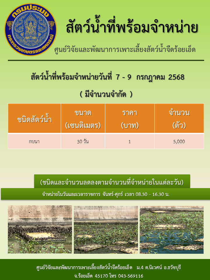 สัตว์น้ำที่พร้อมจำหน่ายวันที่ 7 - 9  กรกฎาคม 2568  (มีจำนวนจำกัด)..คลิก
