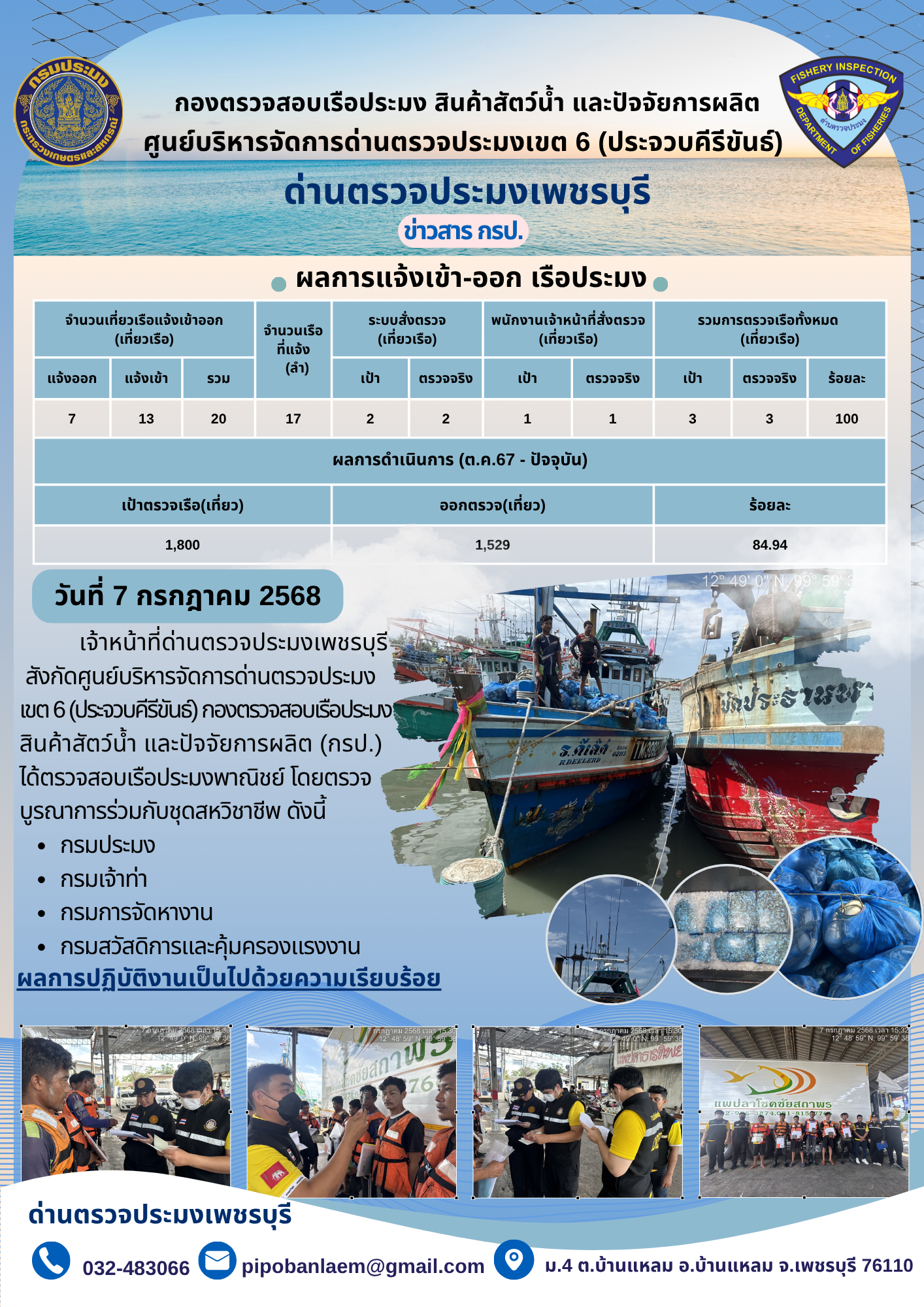 ตรวจสอบเรือประมงพาณิชย์ ณ ท่าเทียบเรือประมง