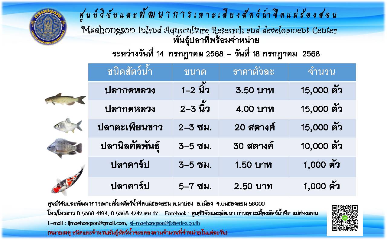 พันธุ์สัตว์น้ำที่พร้อมจำหน่ายระหว่างวันที่ 14 กรกฎาคม 2568 - วันที่ 18 กรกฎาคม 2568
