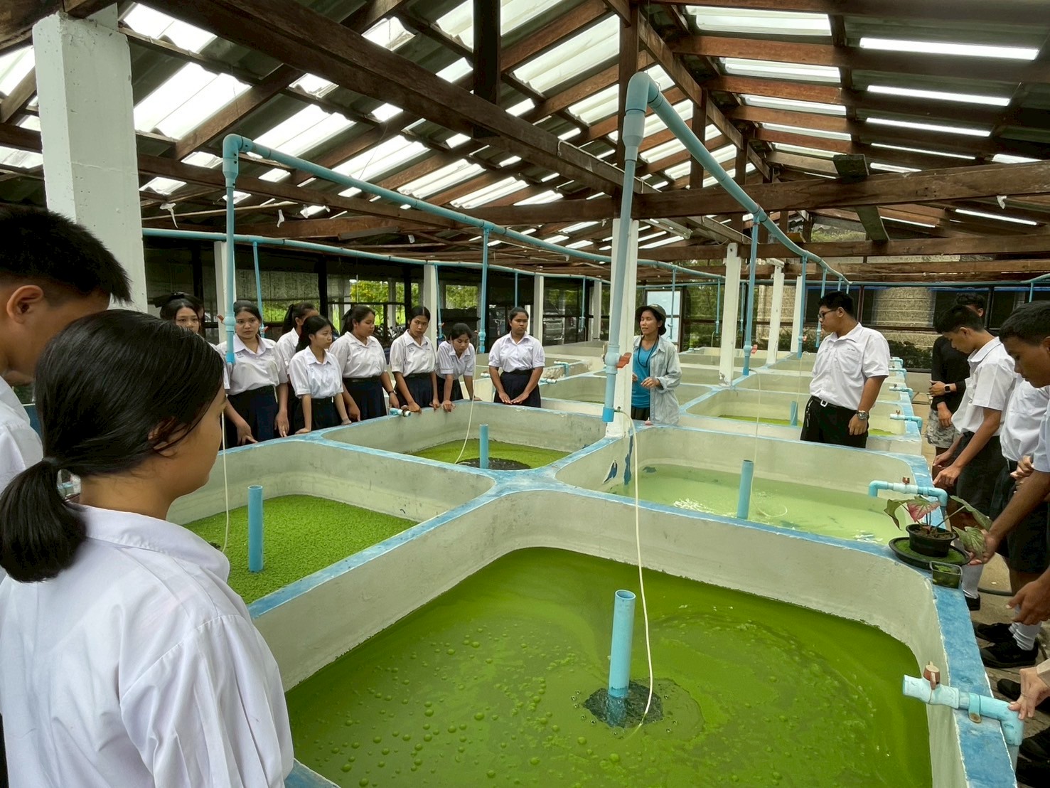 คณะครู นักเรียน กลุ่มสาระการเรียนรู้วิทยาศาสตร์และเทคโนโลยี ศึกษากระบวนการเพาะพันธุ์สัตว์น้ำจืด ของ ศพจ.ตราด