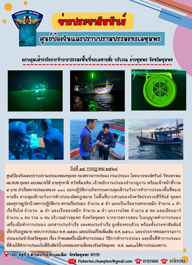 ควบคุมเฝ้าระวังการทำการประมงพื้นที่ทะเลชายฝั่ง บริเวณ อ่าวชุมพร จังหวัดชุมพร
