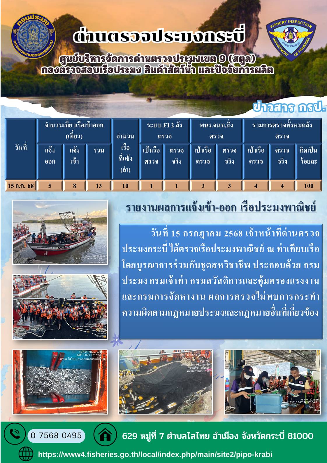 ผลการปฏิบัติงานตรวจเรือประมงหน้าท่าประจำวันที่ 14-15 กรกฎาคม 2568..คลิก