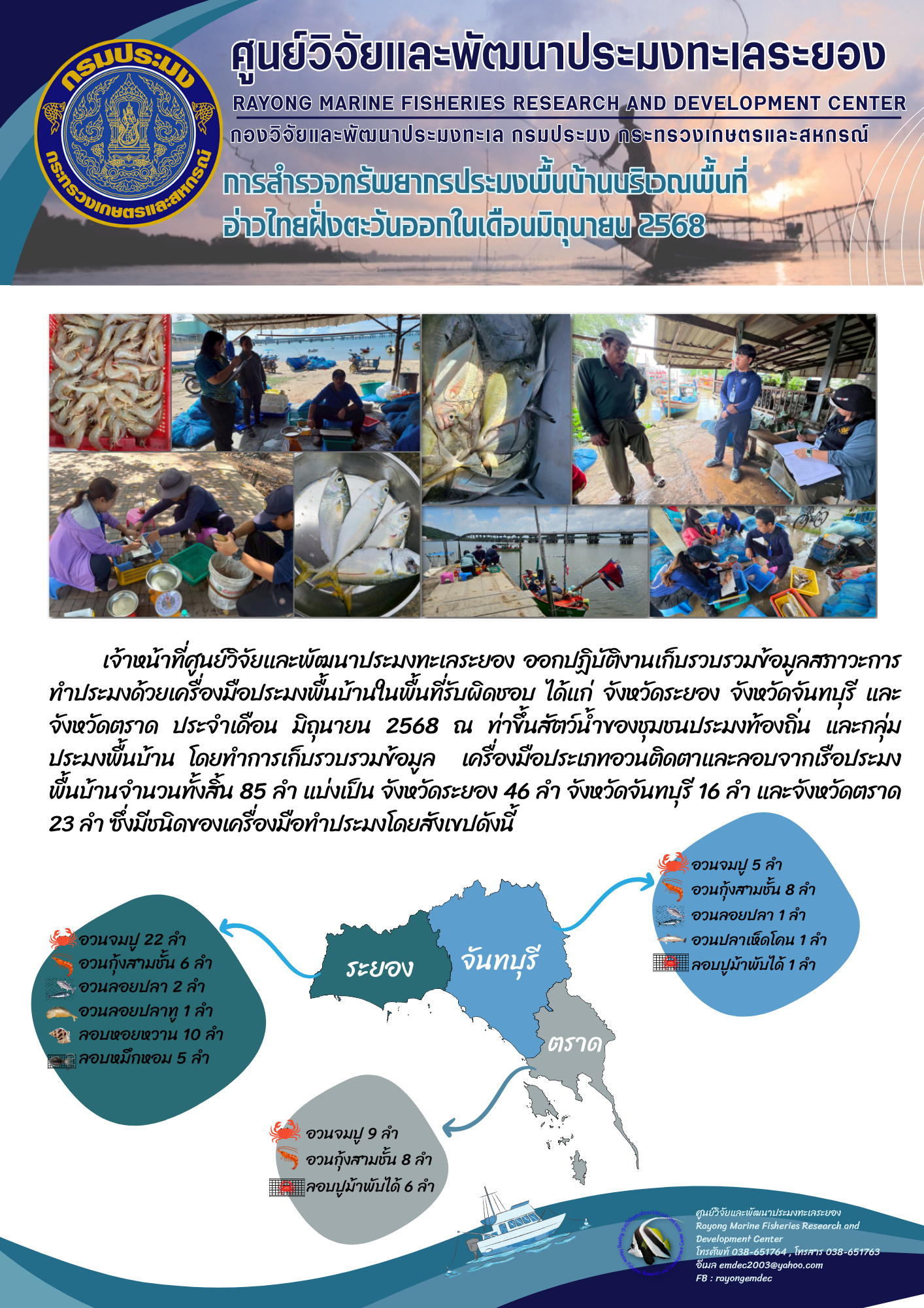 การสำรวจทรัพยากรประมงพื้นบ้าน บริเวณอ่าวไทยฝั่งตะวันออก ในเดือนมิถุนายน 2568 