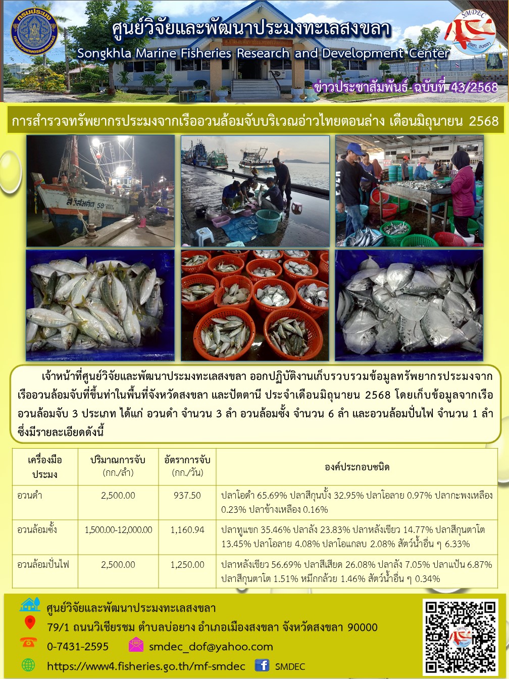 เจ้าหน้าที่ศูนย์วิจัยและพัฒนาประมงทะเลสงขลา ออกปฏิบัติงานเก็บรวบรวมข้อมูลทรัพยากรประมงจาก เรืออวนล้อมจับที่ขึ้นท่าในพื้นที่จังหวัดสงขลา และปัตตานี ประจำเดือนมิถุนายน 2568