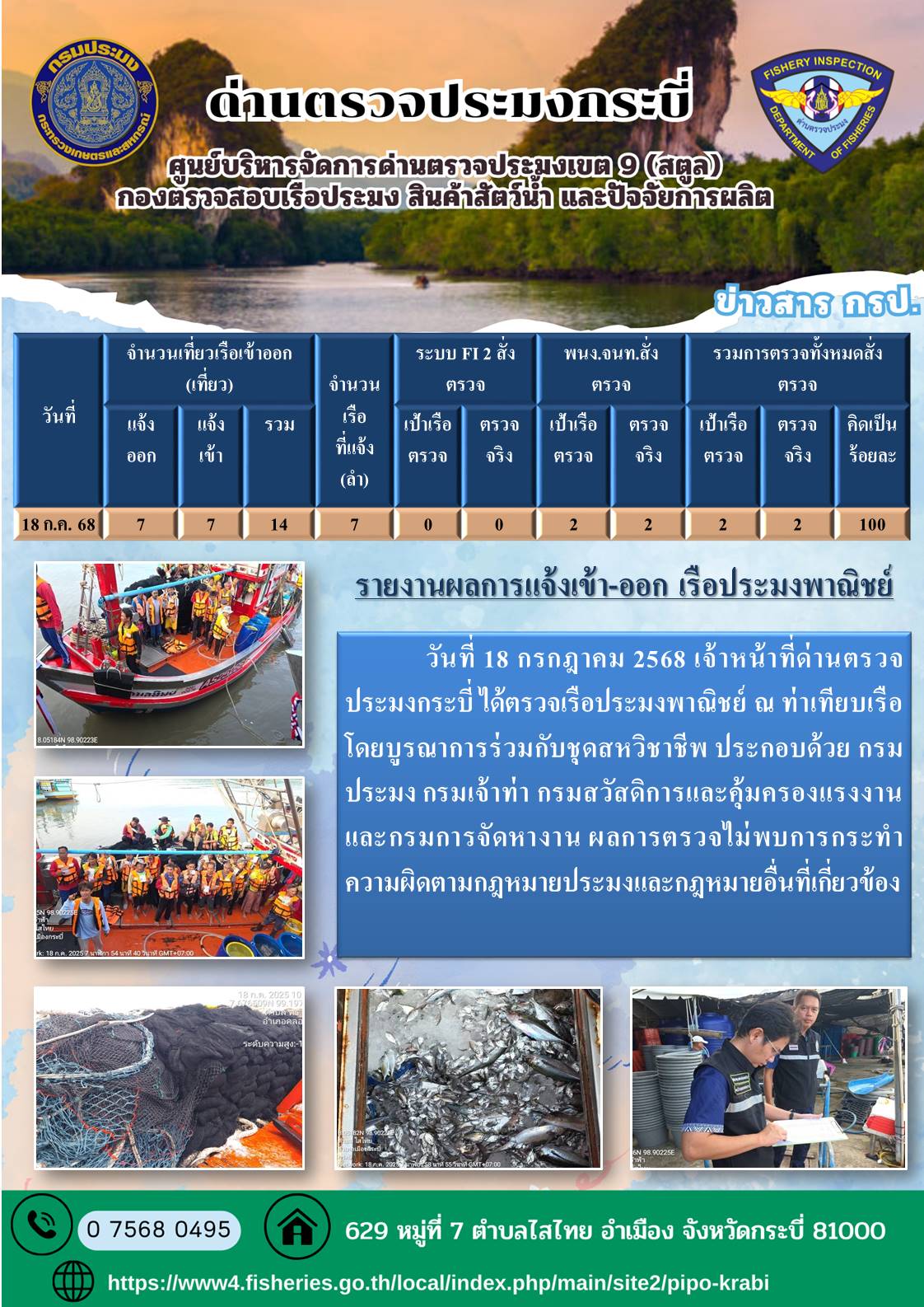 ผลการปฏิบัติงานตรวจเรือประมงหน้าท่าประจำวันที่ 16-18 กรกฎาคม 2568