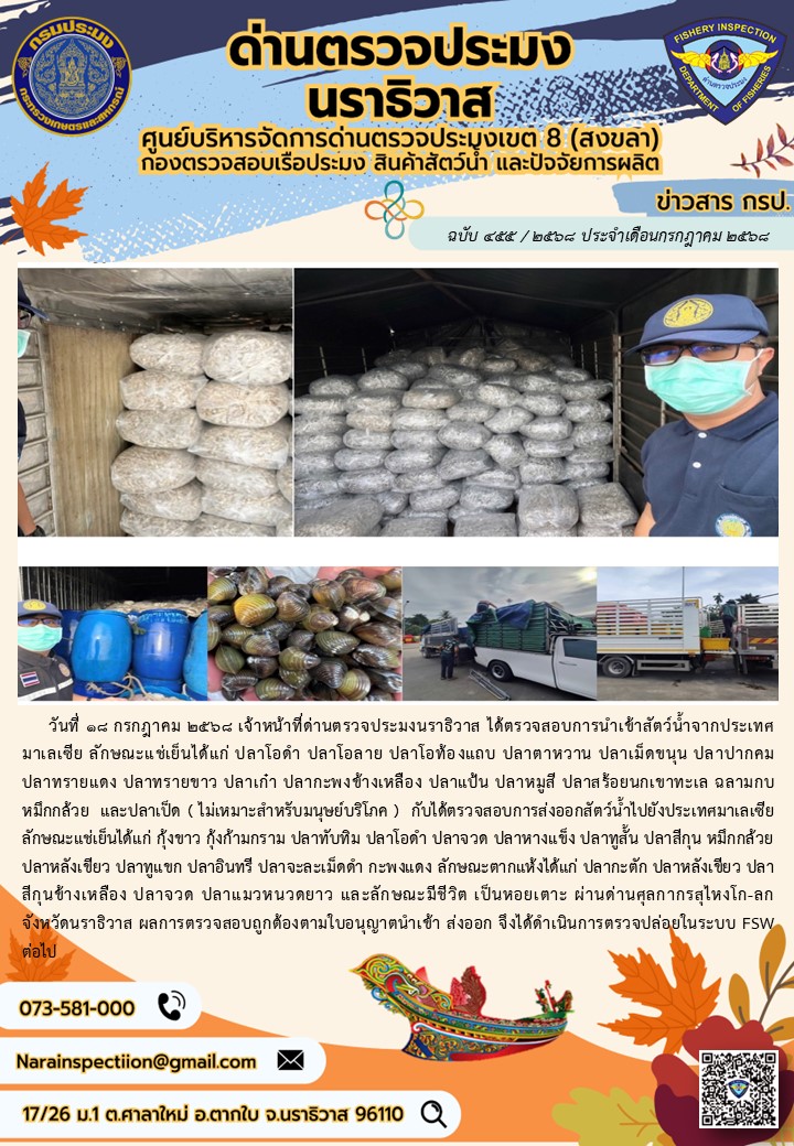 ประชาสัมพันธ์ด่านตรวจประมงนราธิวาส ประจำวันที่ 18 กรกฎาคม 2568