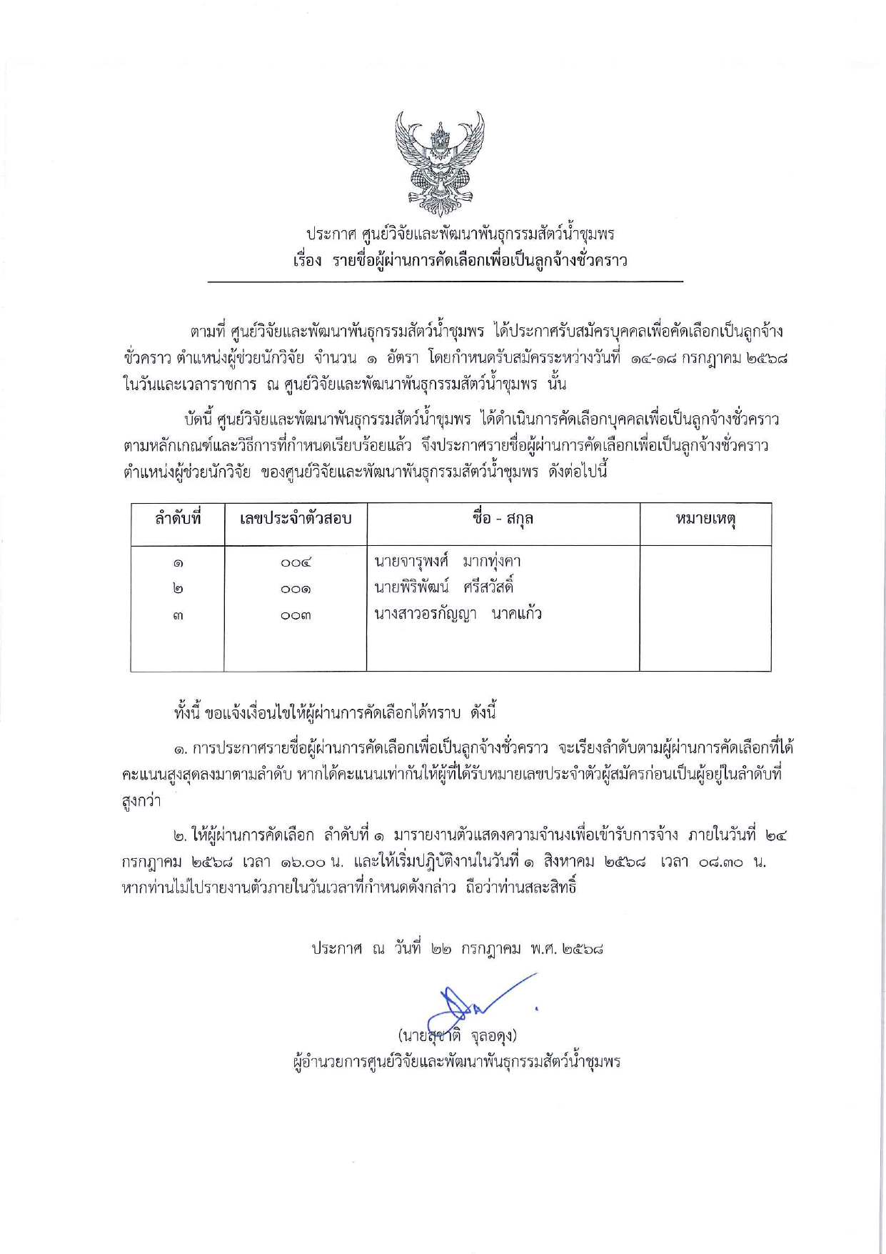 ประกาศ รายชื่อผู้ผ่านการคัดเลือกเพื่อเป็นลูกจ้างชั่วคราว (ผู้ช่วยนักวิจัย)