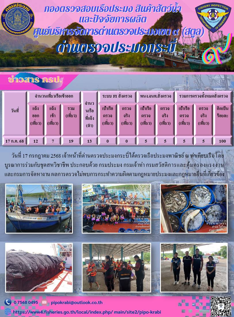 ประชาสัมพันธ์การปฏิบัติงานศูนย์บริหารจัดการด่านตรวจประมงเขต 9 (สตูล) ประจำวันที่ 16 - 20 กรกฎาคม 2568