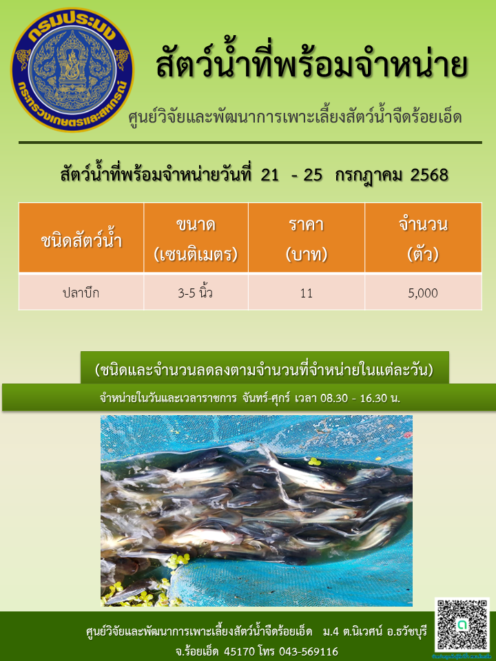 สัตว์น้ำที่พร้อมจำหน่ายวันที่ 21  - 25  กรกฎาคม 2568..คลิก