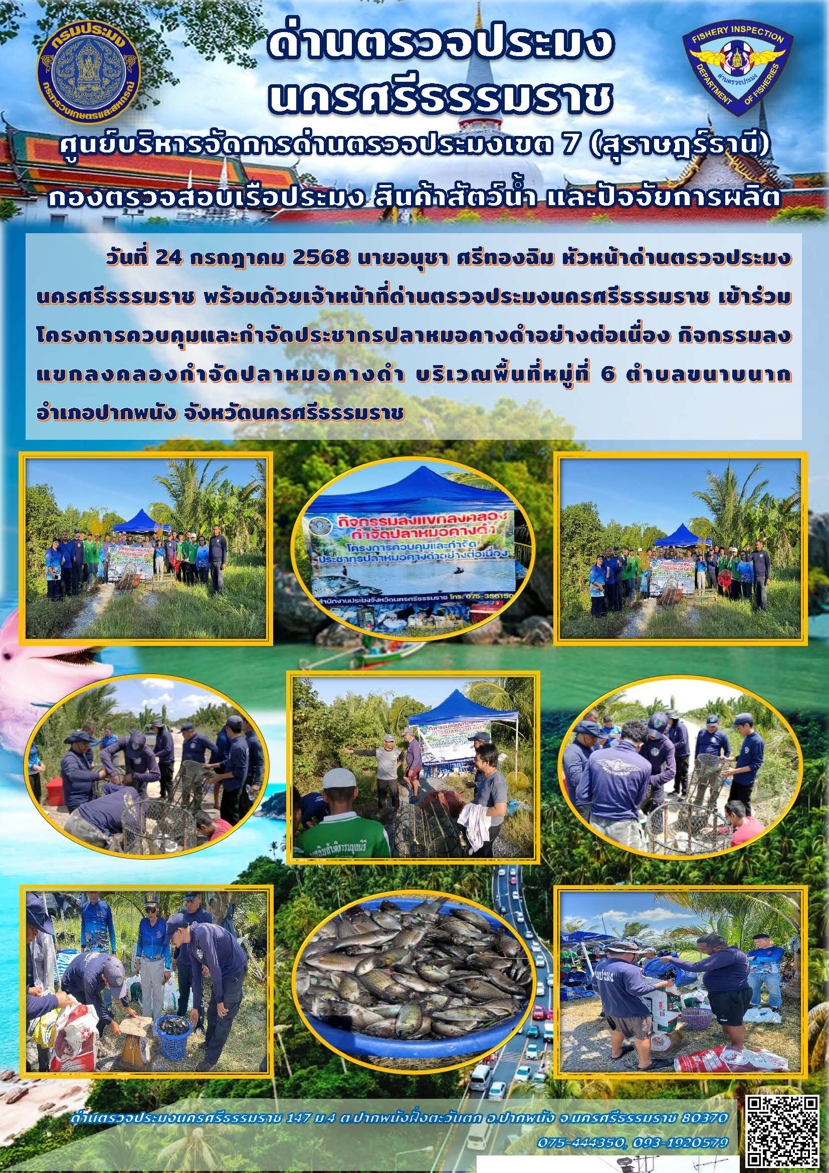 วันที่ 24 กรกฎาคม 2568 นายอนุชา ศรีทองฉิม หัวหน้าด่านตรวจประมงนครศรีธรรมราช พร้อมด้วยเจ้าหน้าที่ด่านตรวจประมงนครศรีธรรมราช เข้าร่วมกิจกรรมลงแขกลงคลองกำจัดปลาหมอคางดำ