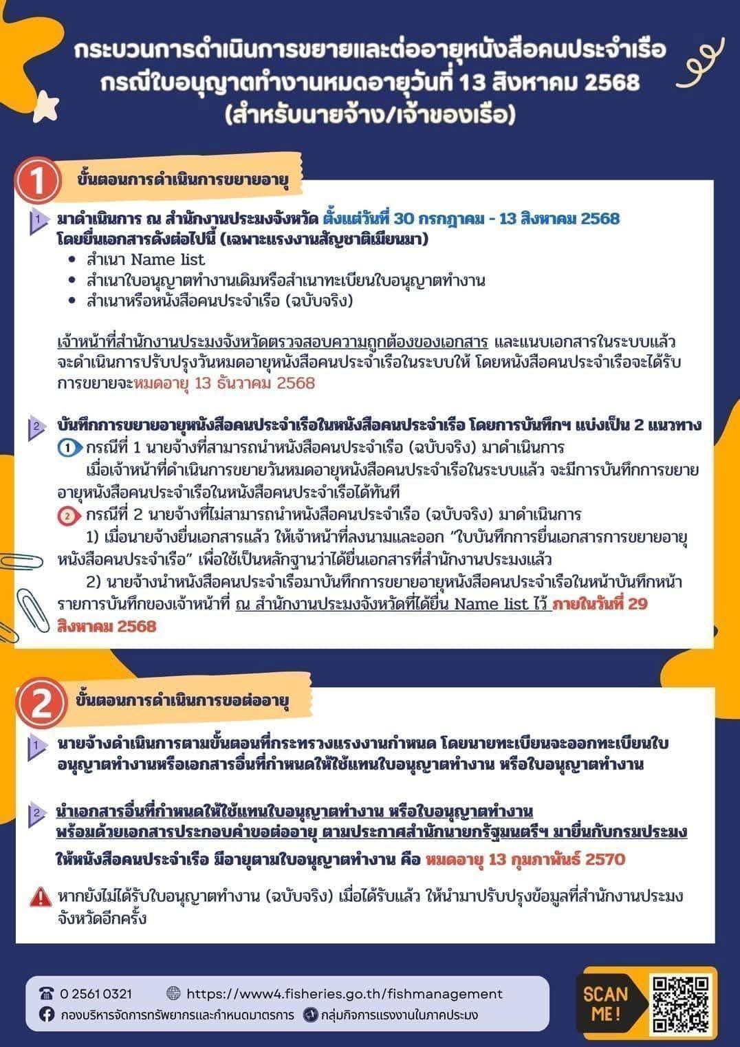 กระบวนการดำเนินการขยายและต่ออายุหนังสือคนประจำเรือ กรณีใบอนุญาตทำงานหมดอายุวันที่ 13 สิงหาคม 2568