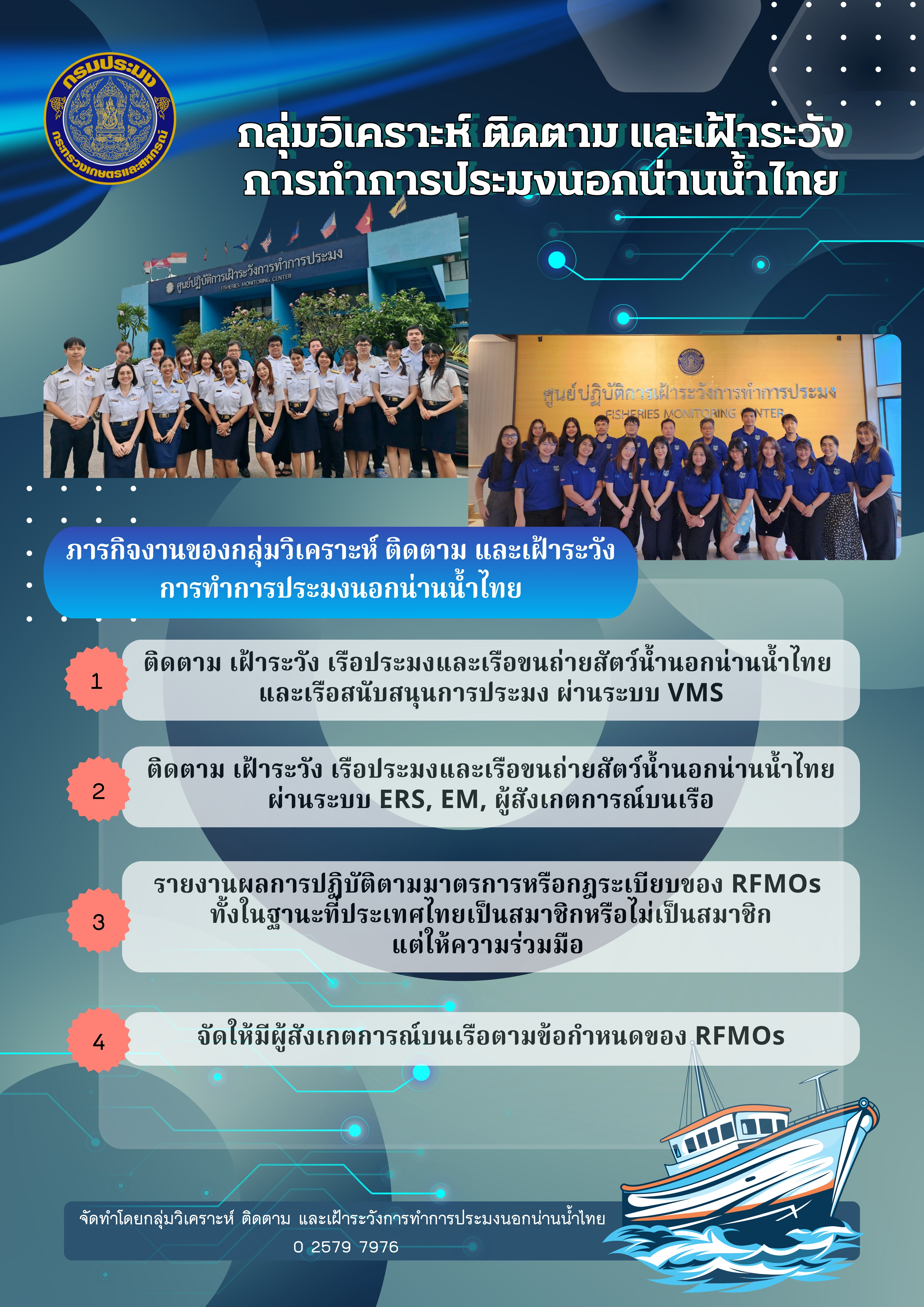 หน้าที่และความรับผิดชอบของกลุ่มวิเคราะห์ ติดตาม และเฝ้าระวังการทำการประมงนอกน่านน้ำไทย..คลิก
