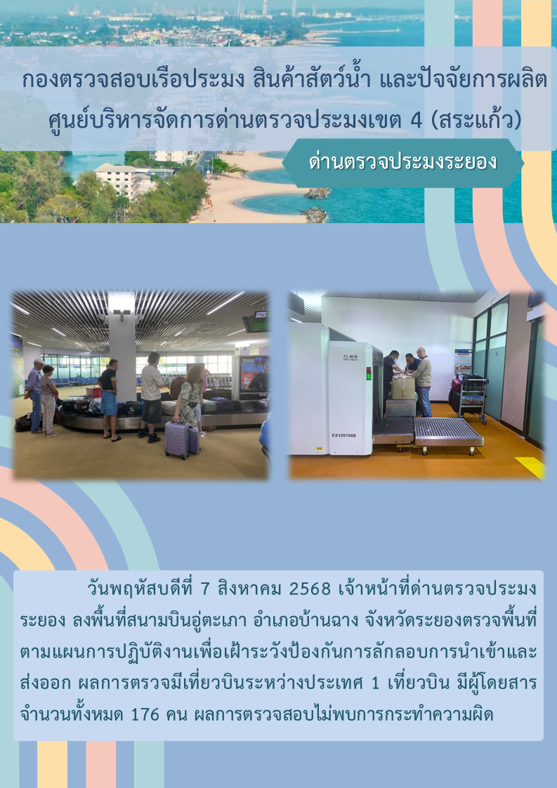 ด่านตรวจประมงระยอง ลงพื้นที่สนามบินอู่ตะเภา ตรวจพื้นที่ตามแผนการปฏิบัติงานเพื่อเฝ้าระวังป้องกันการลักลอบการนำเข้าและส่งออก