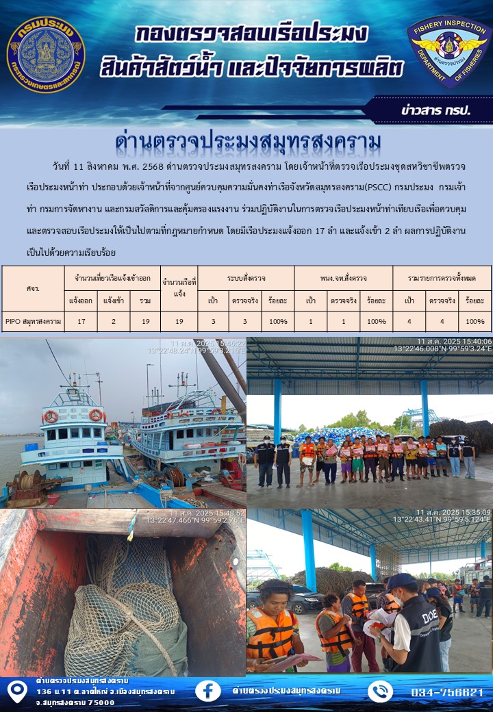 สถิติการแจ้งเข้า - ออกเรือประมงพาณิชย์ ด่านตรวจประมงสมุทรสงคราม ประจำวันที่ 11 สิงหาคม 2568..คลิก