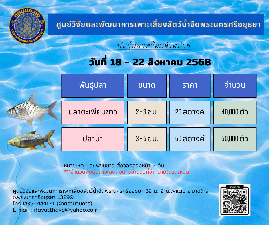ชนิดพันธุ์สัตว์น้ำพร้อมจำหน่าย  18 - 22 สิงหาคม 2568 ศพจ.พระนครศรีอยุธยา..คลิก