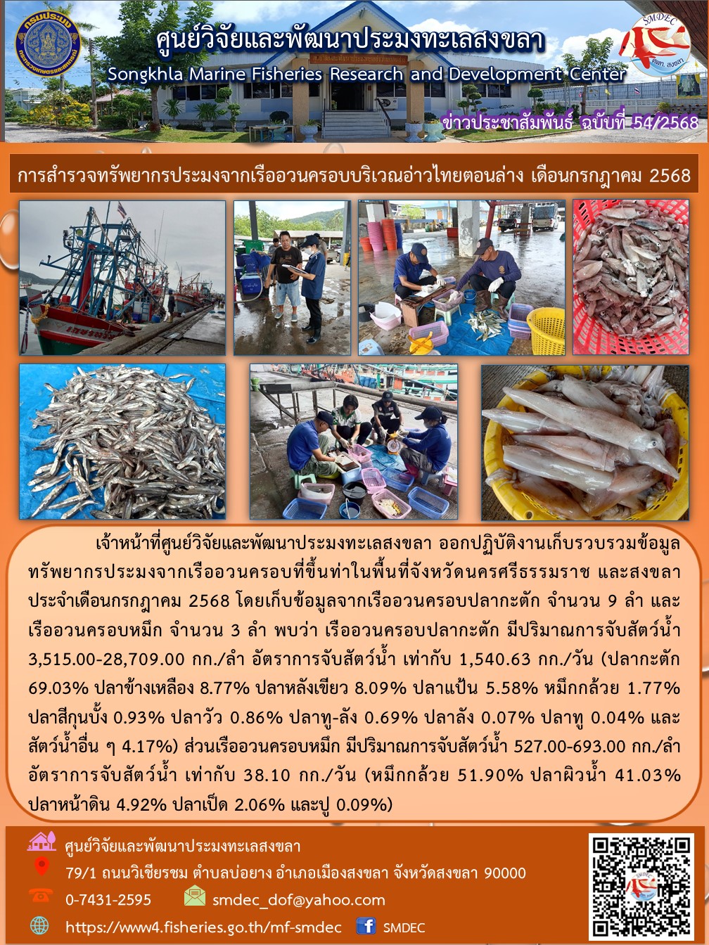 เจ้าหน้าที่ศูนย์วิจัยและพัฒนาประมงทะเลสงขลา ออกปฏิบัติงานเก็บรวบรวมข้อมูลทรัพยากรประมงจากเรืออวนครอบที่ขึ้นท่าในพื้นที่จังหวัดนครศรีธรรมราช และสงขลา ประจำเดือนกรกฎาคม 2568 