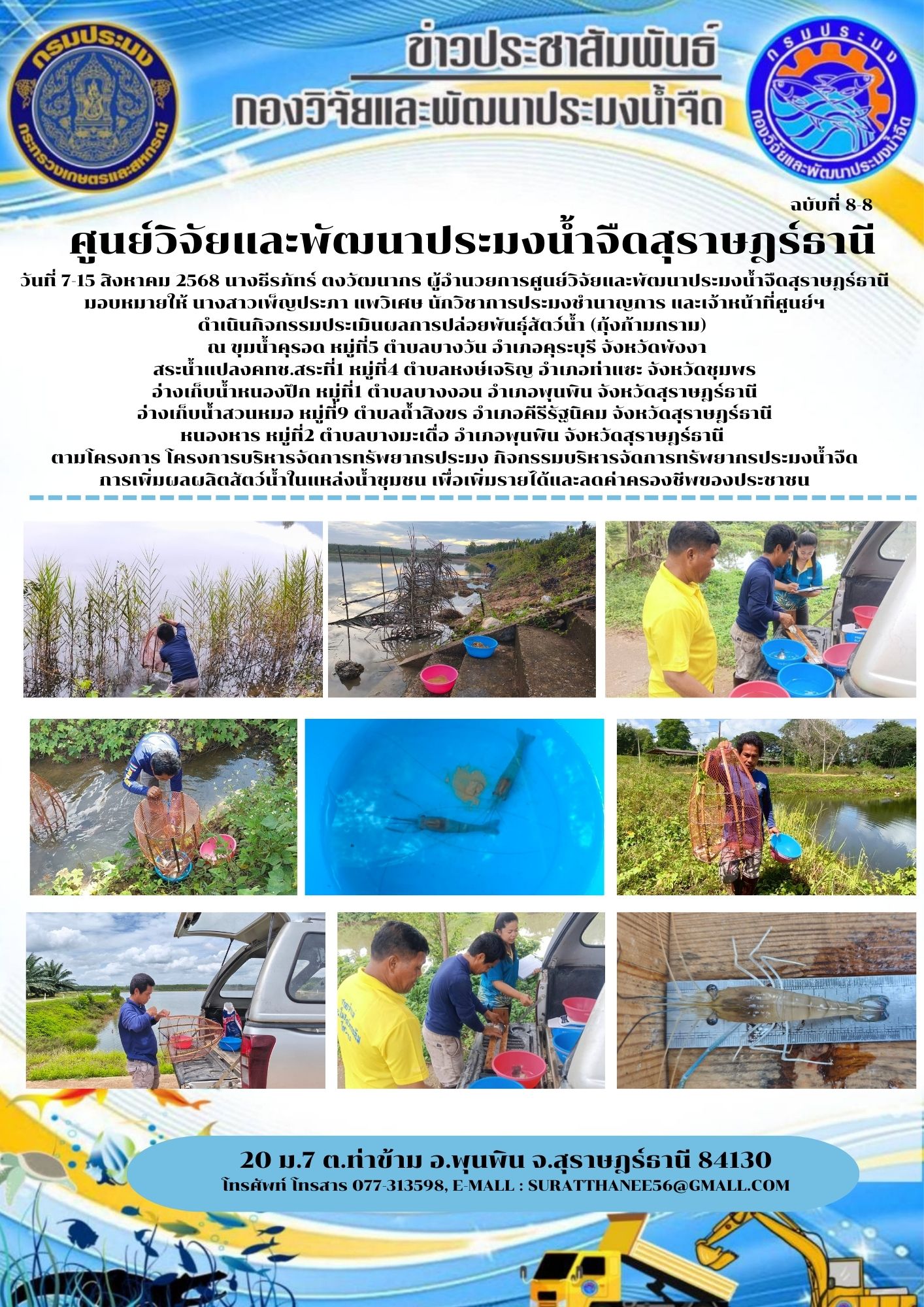 วันที่ 7-15 สิงหาคม 2568 นางธีรภัทร์ ตงวัฒนากร ผู้อำนวยการศูนย์วิจัยและพัฒนาประมงน้ำจืดสุราษฎร์ธานี มอบหมายให้ นางสาวเพ็ญประภา แพวิเศษ นักวิชาการประมงชำนาญการ และเจ้าหน้าที่ศูนย์ฯ ดำเนินกิจกรรมประเมินผลการปล่อยพันธุ์สัตว์น้ำ (กุ้งก้ามกราม)..คลิก