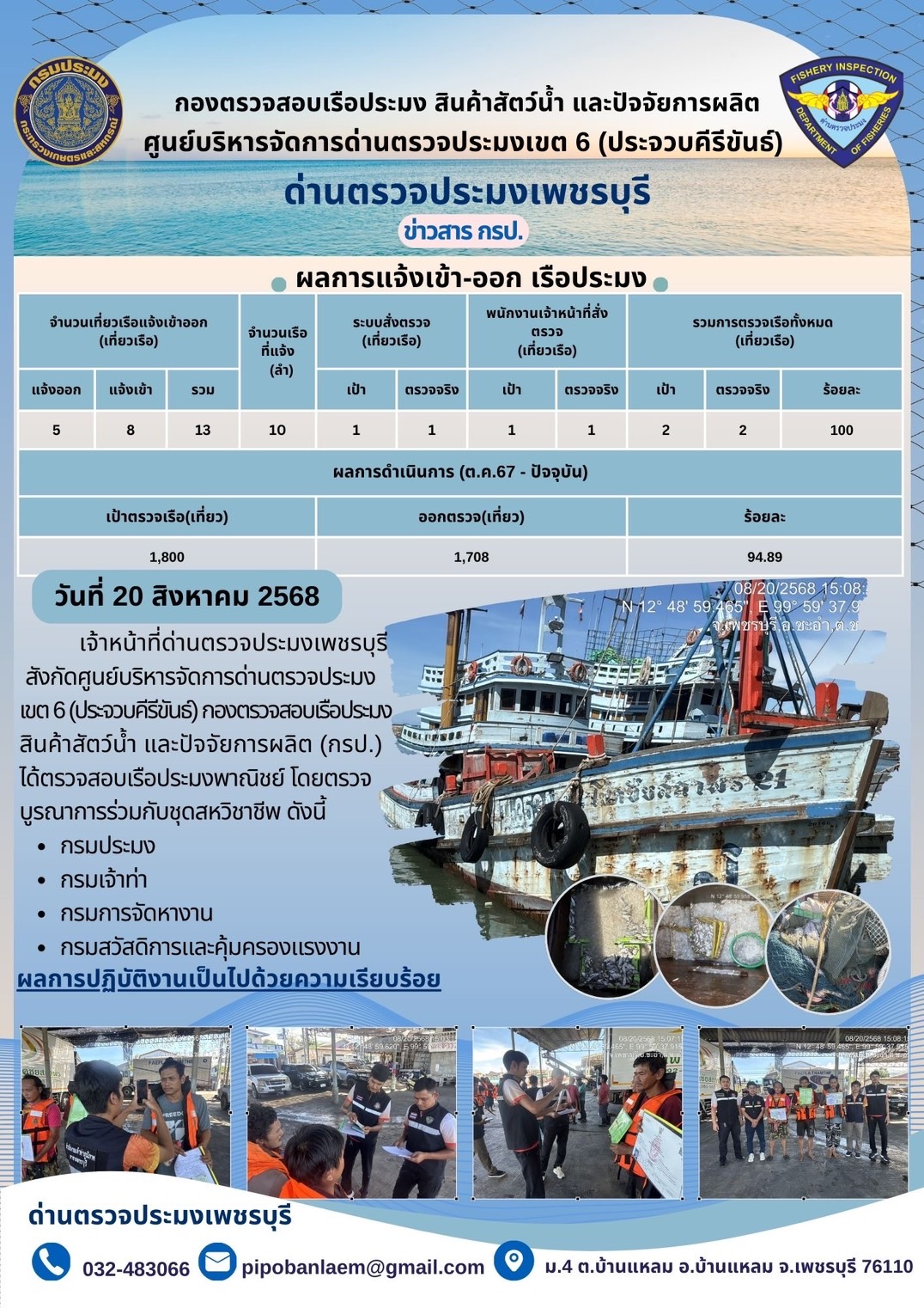 ตรวจสอบเรือประมงพาณิชย์ ณ ท่าเทียบเรือประมง