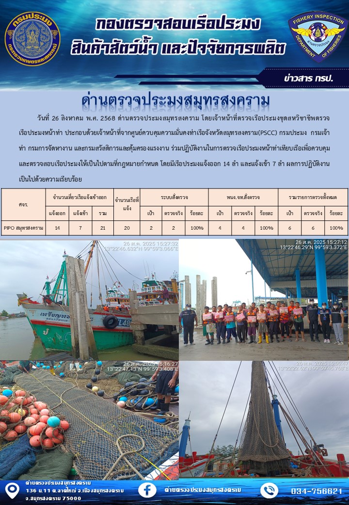 สถิติการแจ้งเข้า - ออกเรือประมงพาณิชย์ ด่านตรวจประมงสมุทรสงคราม ประจำวันที่ 26 สิงหาคม 2568..คลิก