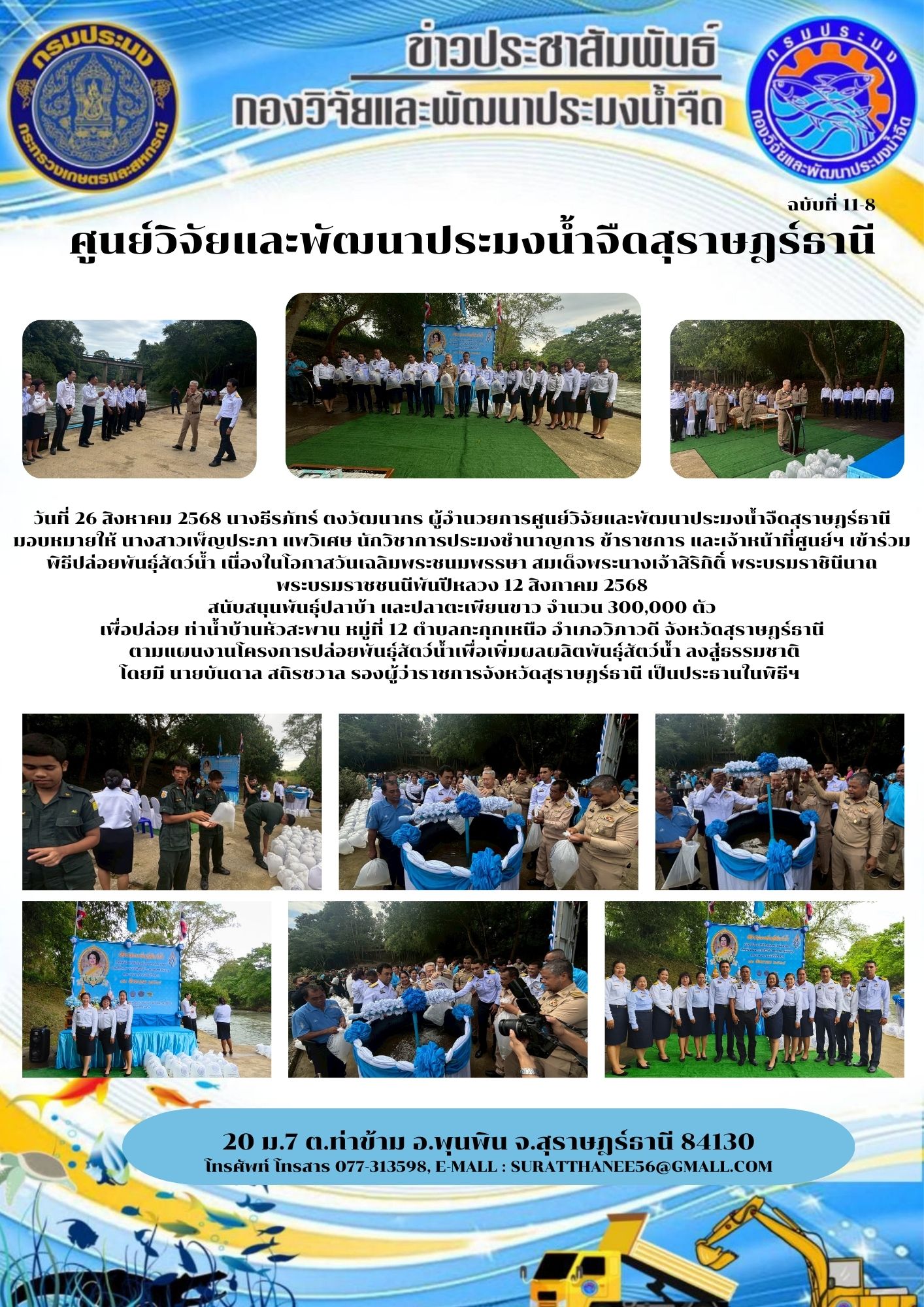 วันที่ 26 สิงหาคม 2568 นางธีรภัทร์ ตงวัฒนากร ผู้อำนวยการศูนย์วิจัยและพัฒนาประมงน้ำจืดสุราษฎร์ธานี       มอบหมายให้ นางสาวเพ็ญประภา แพวิเศษ นักวิชาการประมงชำนาญการ ข้าราชการ และเจ้าหน้าที่ศูนย์ฯ เข้าร่วมพิธีปล่อยพันธุ์สัตว์น้ำ เนื่องในโอกาสวันเฉลิมพระชนมพรรษา สมเด็จพระนางเจ้าสิริกิติ์ พระบรมราชินีนาถ      พระบรมราชชนนีพันปีหลวง 12 สิงกาคม 2568 สนับสนุนพันธุ์ปลาบ้า และปลาตะเพียนขาว จำนวน 300,000 ตัว                                                                                เพื่อปล่อย ท่าน้ำบ้านหัวสะพาน หมู่ที่ 12 ตำบลกะกุกเหนือ อำเภอวิภาวดี จังหวัดสุราษฎร์ธานี  ตามแผนงานโครงการปล่อยพันธุ์สัตว์น้ำเพื่อเพิ่มผลผลิตพันธุ์สัตว์น้ำ ลงสู่ธรรมชาติ โดยมี นายบันดาล สถิรชวาล รองผู้ว่าราชการจังหวัดสุราษฎร์ธานี เป็นประธานในพิธีฯ 