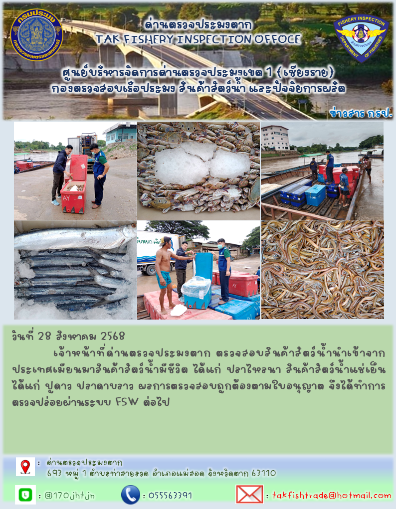 วันที่ 28 สิงหาคม 2568           เจ้าหน้าที่ด่านตรวจประมงตาก ตรวจสอบสินค้าสัตว์น้ำนำเข้าจากประเทศเมียนมาสินค้าสัตว์น้ำมีชีวิต ได้แก่ ปลาไหลนา สินค้าสัตว์น้ำแช่เย็นได้แก่ ปูดาว ปลาดาบลาว ผลการตรวจสอบถูกต้องตามใบอนุญาต จึงได้ทำการตรวจปล่อยผ่านระบบ FSW ต่อไป