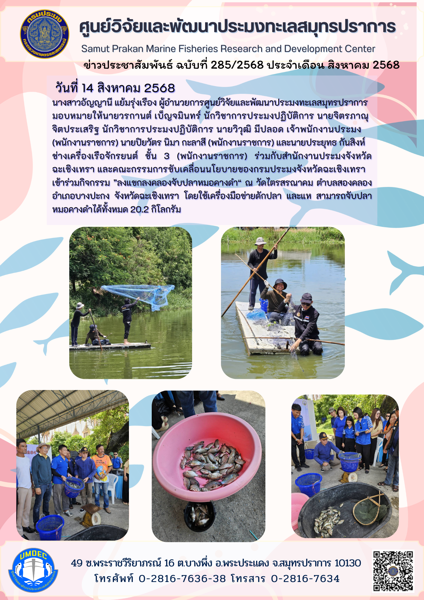เจ้าหน้าที่ศูนย์วิจัยและพัฒนาประมงทะเลสมุทรปราการ เข้าร่วมกิจกรรม ”ลงแขกลงคลองจับปลาหมอคางดำ“ ณ วัดไตรสรณาคม ตำบลสองคลอง อำเภอบางปะกง จังหวัดฉะเชิงเทรา..คลิก