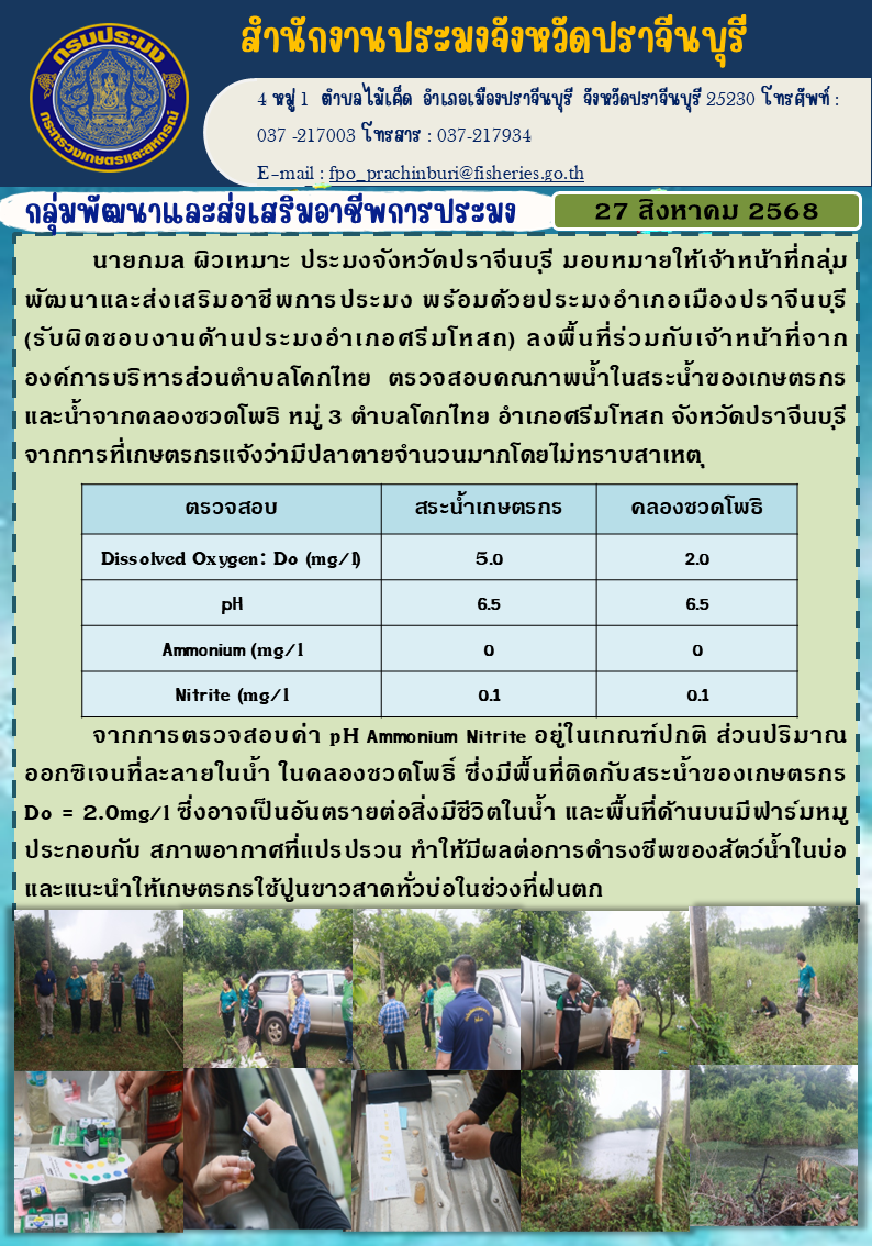 ข่าวประชาสัมพันธ์ กลุ่มพัฒนาและส่งเสริมอาชีพการประมง ลงพื้นที่ร่วมกับเจ้าหน้าที่จาก องค์การบริหารส่วนตำบลโคกไทย ตรวจสอบคุณภาพน้ำในสระน้ำของเกษตรกร และน้ำจากคลองชวดโพธิ