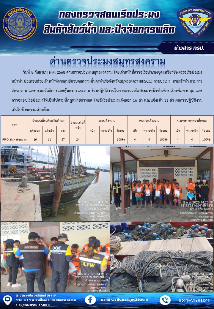 สถิติการแจ้งเข้า - ออกเรือประมงพาณิชย์ ด่านตรวจประมงสมุทรสงคราม ประจำวันที่ 8 กันยายน 2568