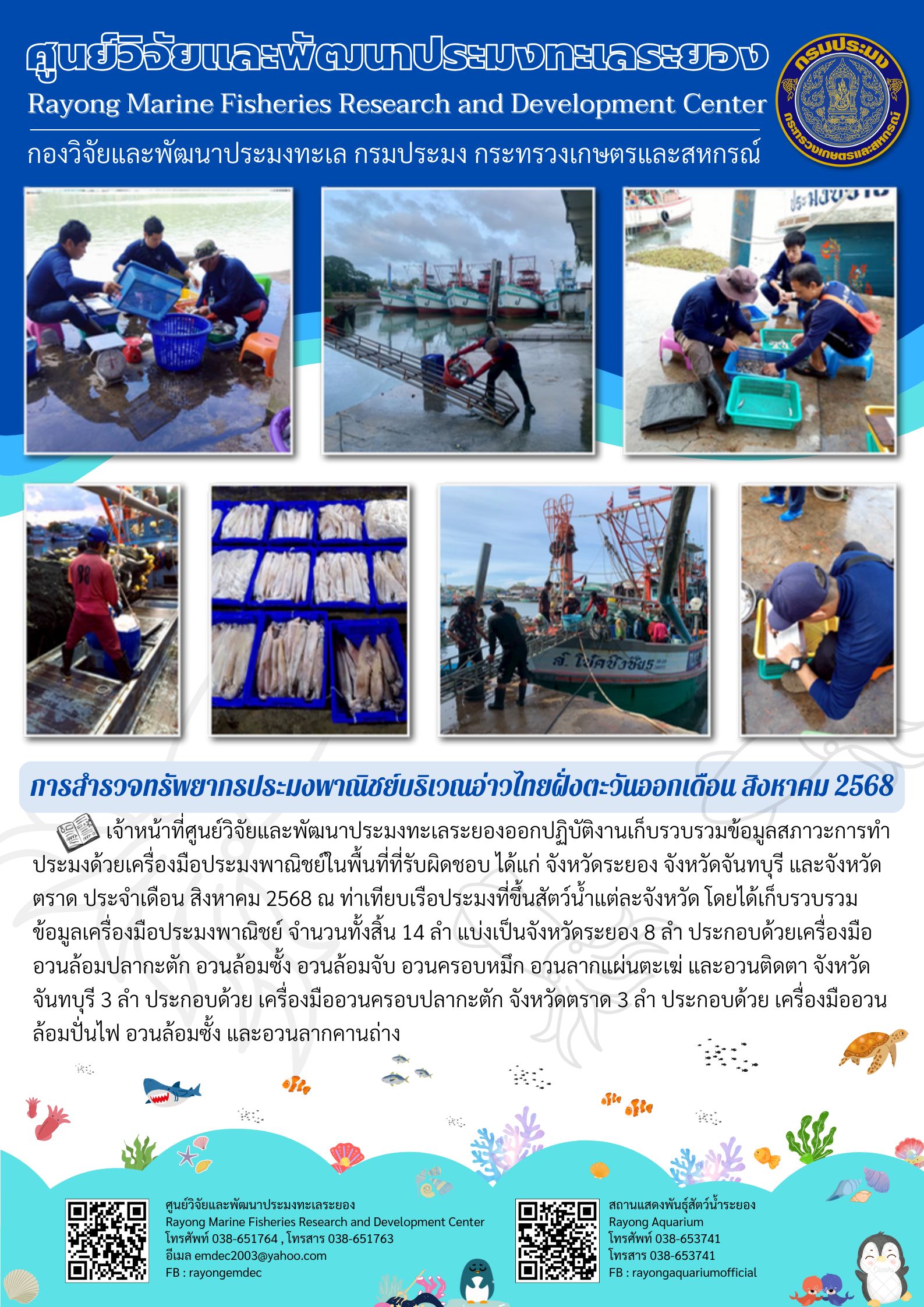 การสำรวจทรัพยากรประมงพาณิชย์บริเวณอ่าวไทยฝั่งตะวันออก เดือนสิงหาคม 2568