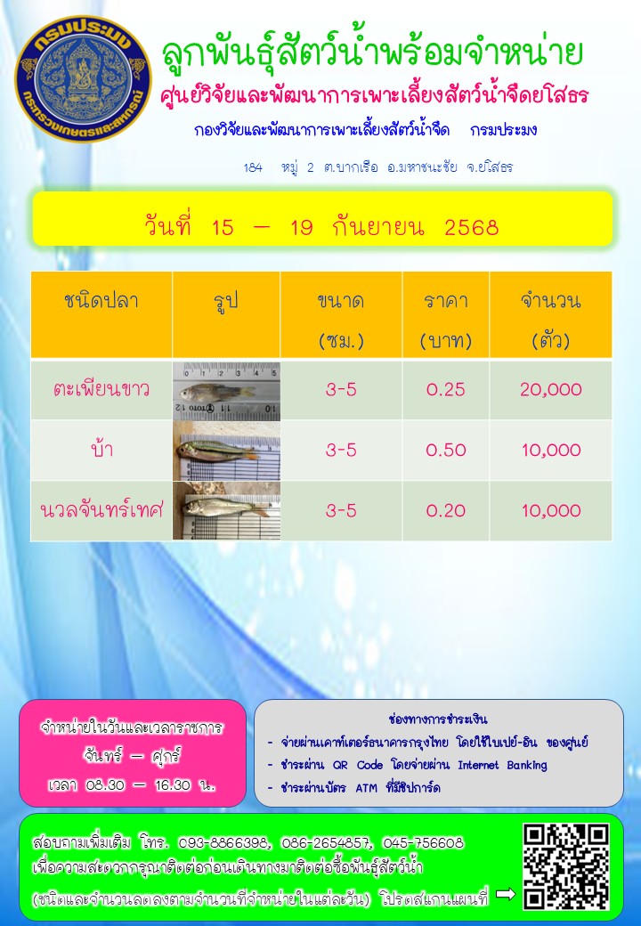 ลูกพันธุ์สัตว์น้ำพร้อมจำหน่าย 15 - 19 ก.ย. 2568..คลิก