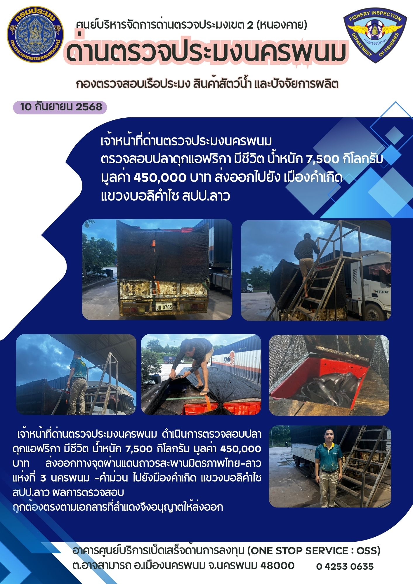 ข่าวกิจกรรม วันที่ 10 กันยายน 2568 เจ้าหน้าที่ด่านตรวจประมงนครพนม ตรวจสอบการส่งออกสินค้าประมง (ปลาดุกแอฟริกา มีชีวิต) ณ จุดผ่านแดนถาวรสะพานมิตรภาพไทย-ลาว แห่งที่ 3 (นครพนม-คำม่วน) อ.เมืองนครพนม จ.นครพนม
