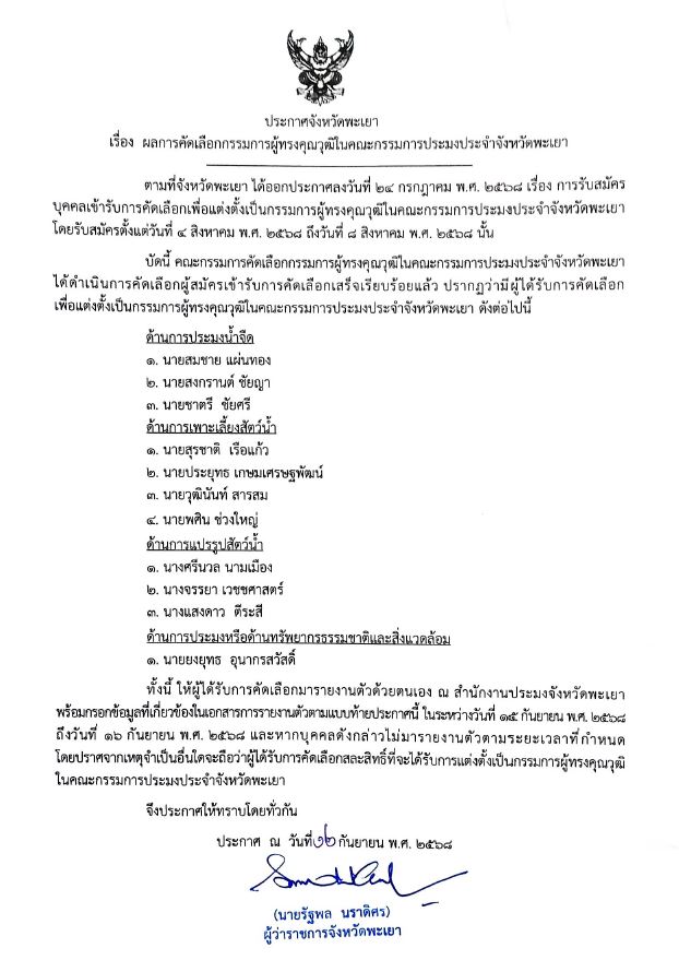 ประกาศจังหวัดพะเยา เรื่อง ผลการคัดเลือกกรรมการผู้ทรงคุณวุฒิในคณะกรรมการประมงประจำจังหวัดพะเยา
