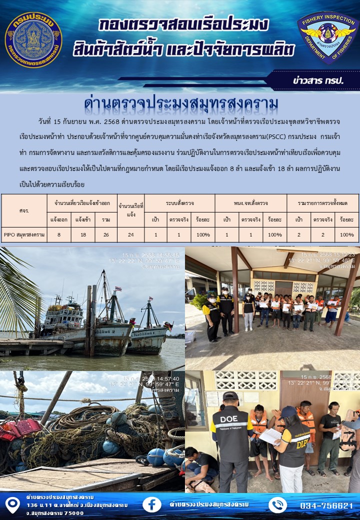 สถิติการแจ้งเข้า - ออกเรือประมงพาณิชย์ ด่านตรวจประมงสมุทรสงคราม ประจำวันที่ 15 กันยายน 2568