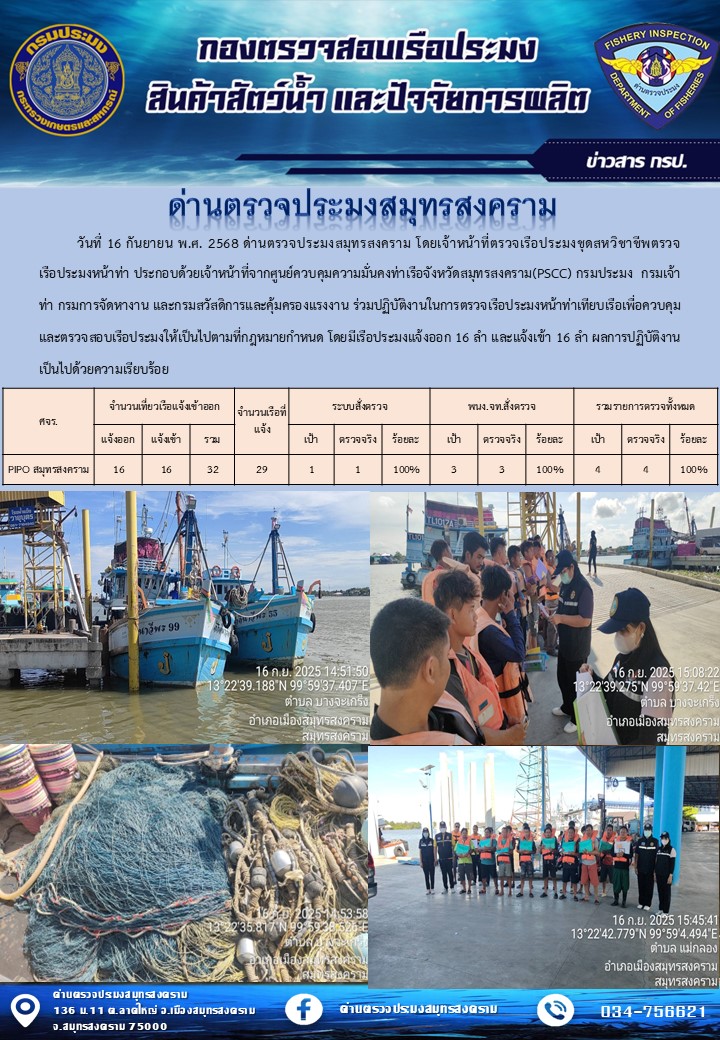 สถิติการแจ้งเข้า - ออกเรือประมงพาณิชย์ ด่านตรวจประมงสมุทรสงคราม ประจำวันที่ 16 กันยายน 2568