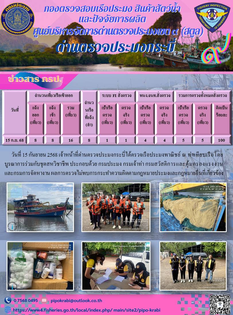 ประชาสัมพันธ์การปฏิบัติงานศูนย์บริหารจัดการด่านตรวจประมงเขต 9 (สตูล) ประจำวันที่ 11 - 15 กันยายน 2568
