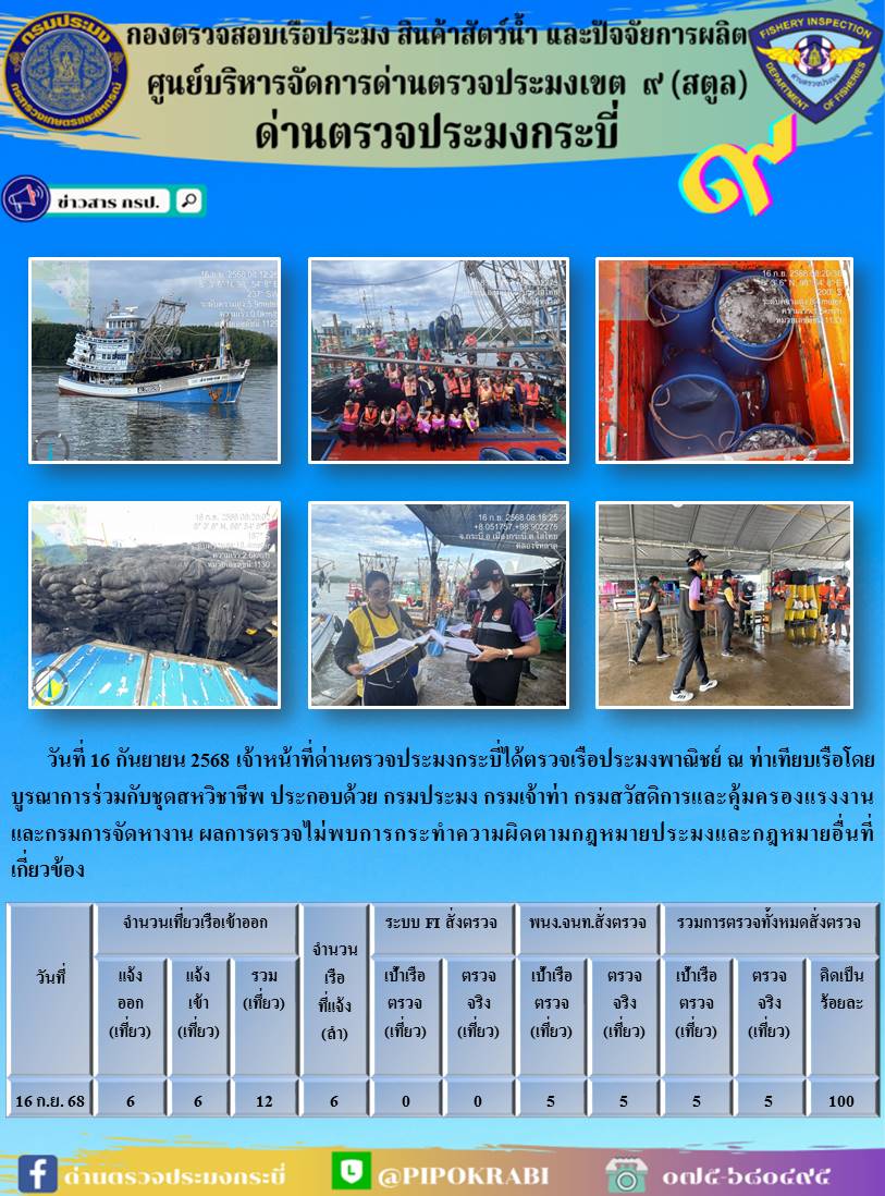 ประชาสัมพันธ์การปฏิบัติงานศูนย์บริหารจัดการด่านตรวจประมงเขต 9 (สตูล) ประจำวันที่ 16 - 20 กันยายน 2568..คลิก