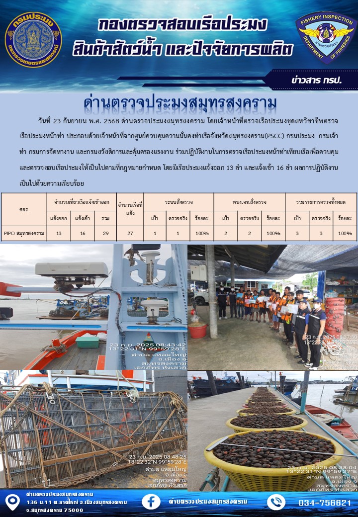 สถิติการแจ้งเข้า - ออกเรือประมงพาณิชย์ ด่านตรวจประมงสมุทรสงคราม ประจำวันที่ 23 กันยายน 2568