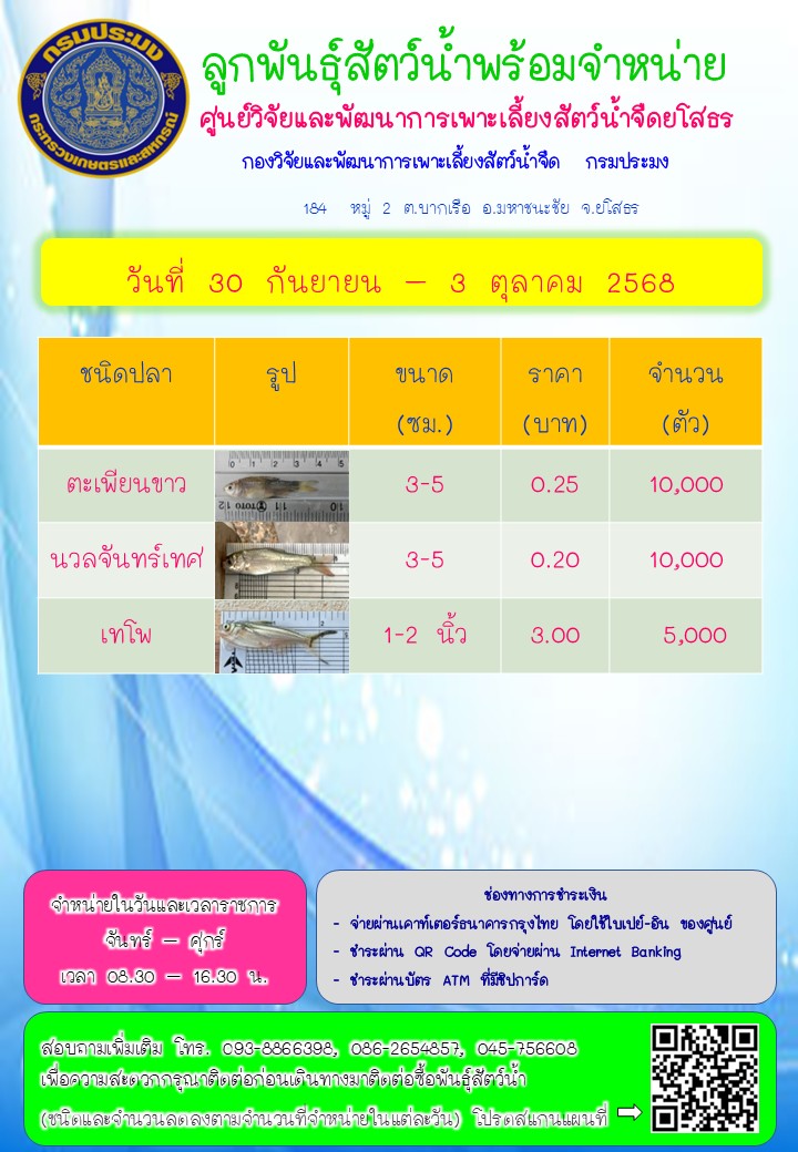 ลูกพันธุ์สัตว์น้ำพร้อมจำหน่าย 30 ก.ย. - 3 ต.ค. 2568..คลิก
