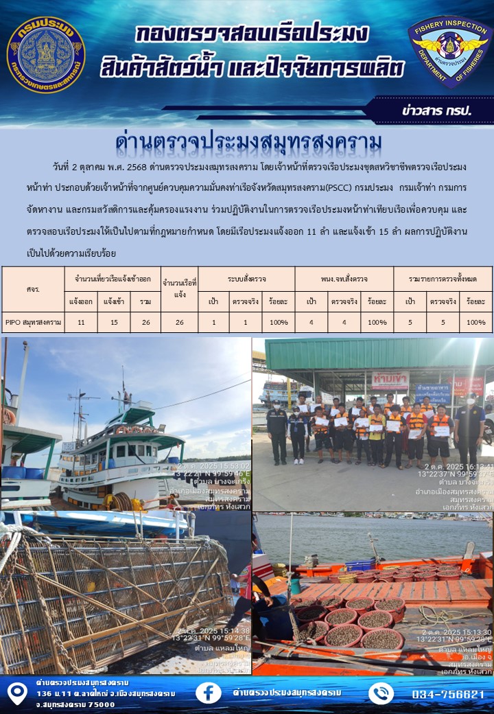 สถิติการแจ้งเข้า - ออกเรือประมงพาณิชย์ ด่านตรวจประมงสมุทรสงคราม ประจำวันที่ 2 ตุลาคม 2568
