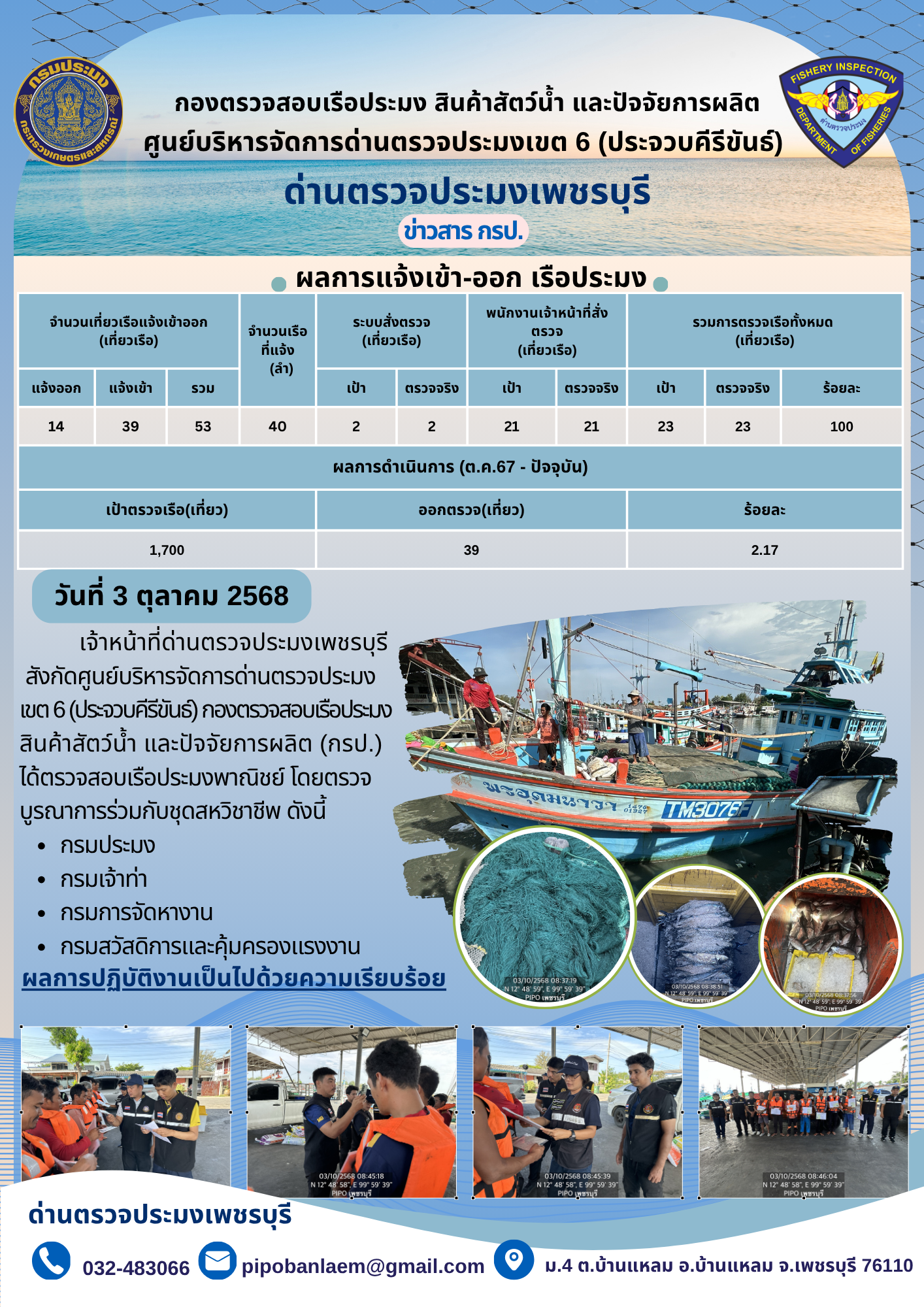 ตรวจสอบเรือประมงพาณิชย์ ณ ท่าเทียบเรือประมง