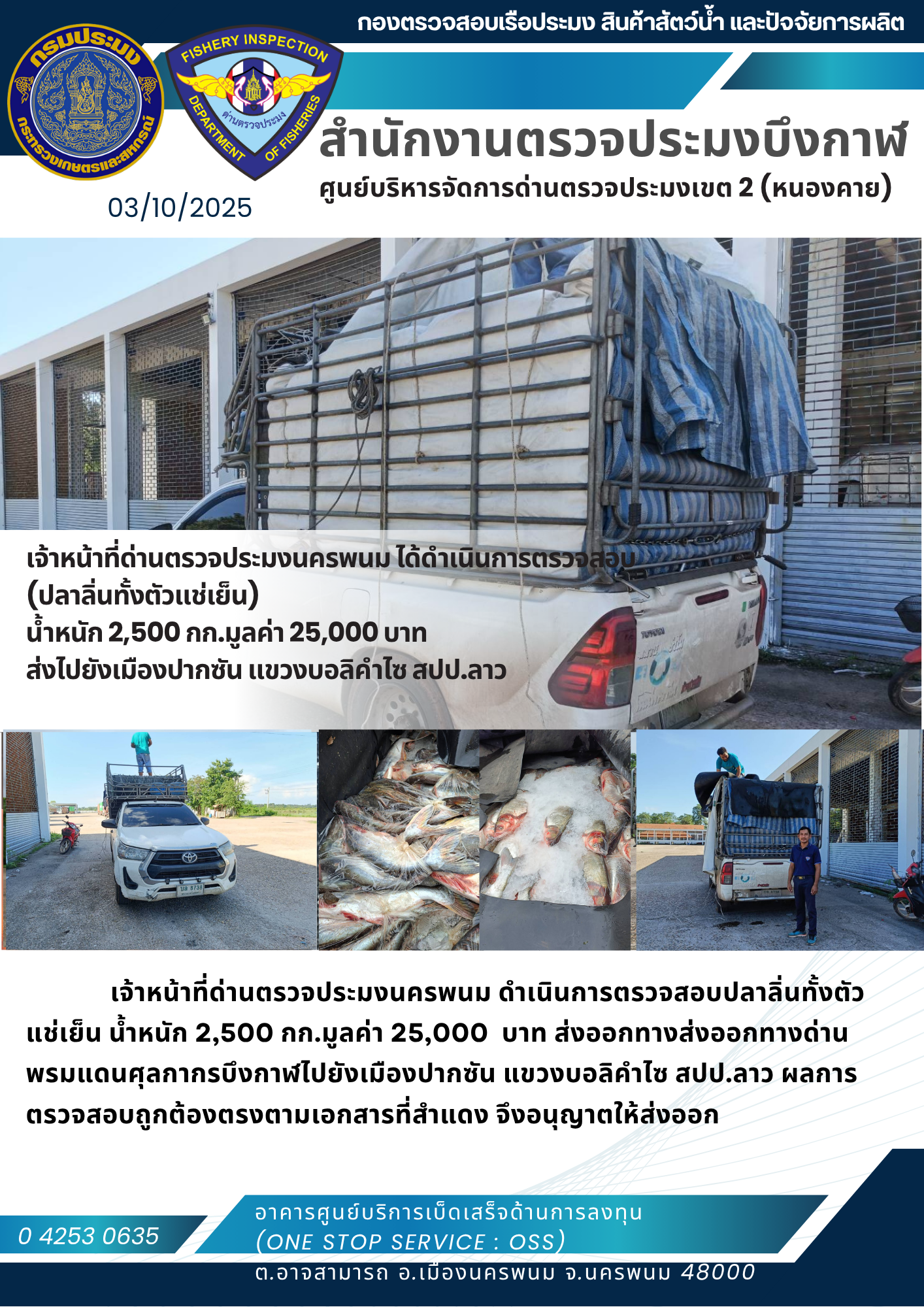 ข่าวกิจกรรมการดำเนินงาน : วันที่ 3 ตุลาคม 2568 เจ้าหน้าที่ด่านตรวจประมงนครพนม ได้ดำเนินการตรวจสอบ  (ปลาลิ่นทั้งตัวแช่เย็น)  น้ำหนัก 2,500 กก.มูลค่า 25,000 บาท  ส่งไปยังเมืองปากซัน แขวงบอลิคำไซ สปป.ลาว..คลิก