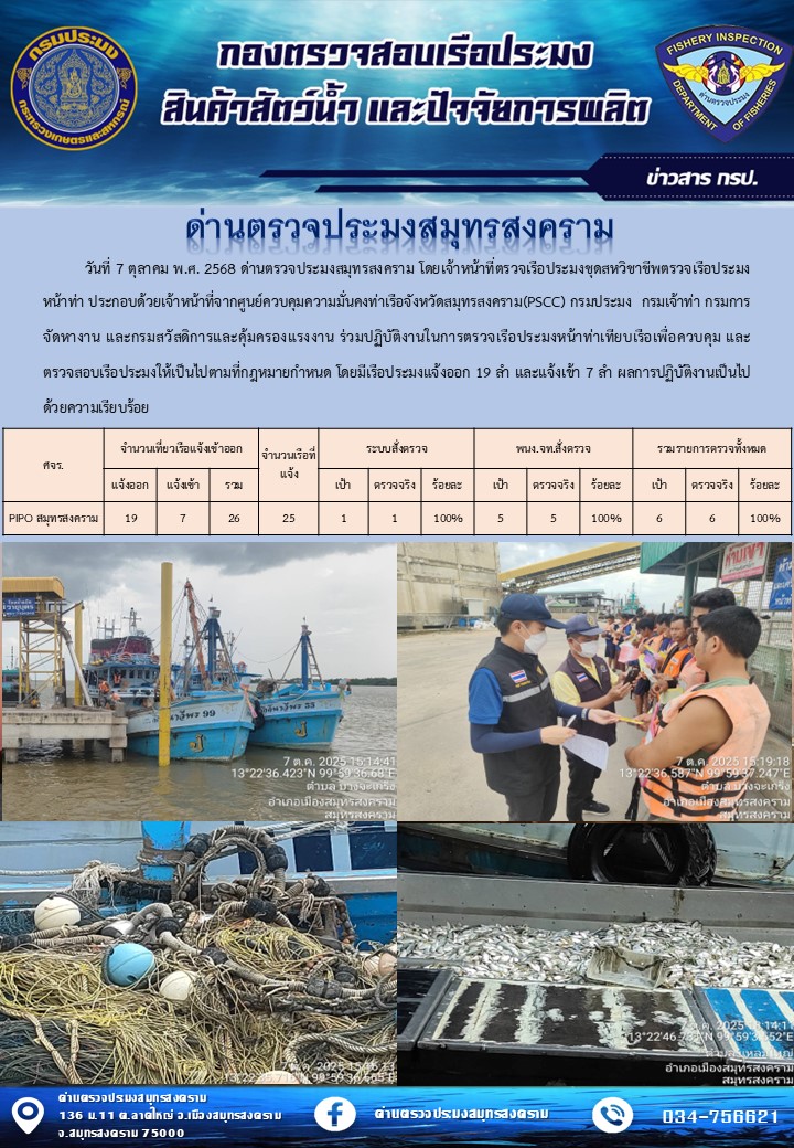สถิติการแจ้งเข้า - ออกเรือประมงพาณิชย์ ด่านตรวจประมงสมุทรสงคราม ประจำวันที่ 7 ตุลาคม 2568