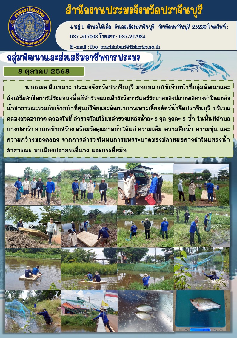 ข่าวประชาสัมพันธ์ กลุ่มพัฒนาและส่งเสริมอาชีพการประมง ลงพื้นที่สารวจและเฝ้าระวังการแพร่ระบาดของปลาหมอคางด่าในแหล่ง น้ำสาธารณะร่วมกับเจ้าหน้าที่ศูนย์วิจัยและพัฒนาการเพาะเลี้ยงสัตว์น้ำจืดปราจีนบุรี บริเวณ คลองชวดอากาศ คลองโพธิ์..คลิก