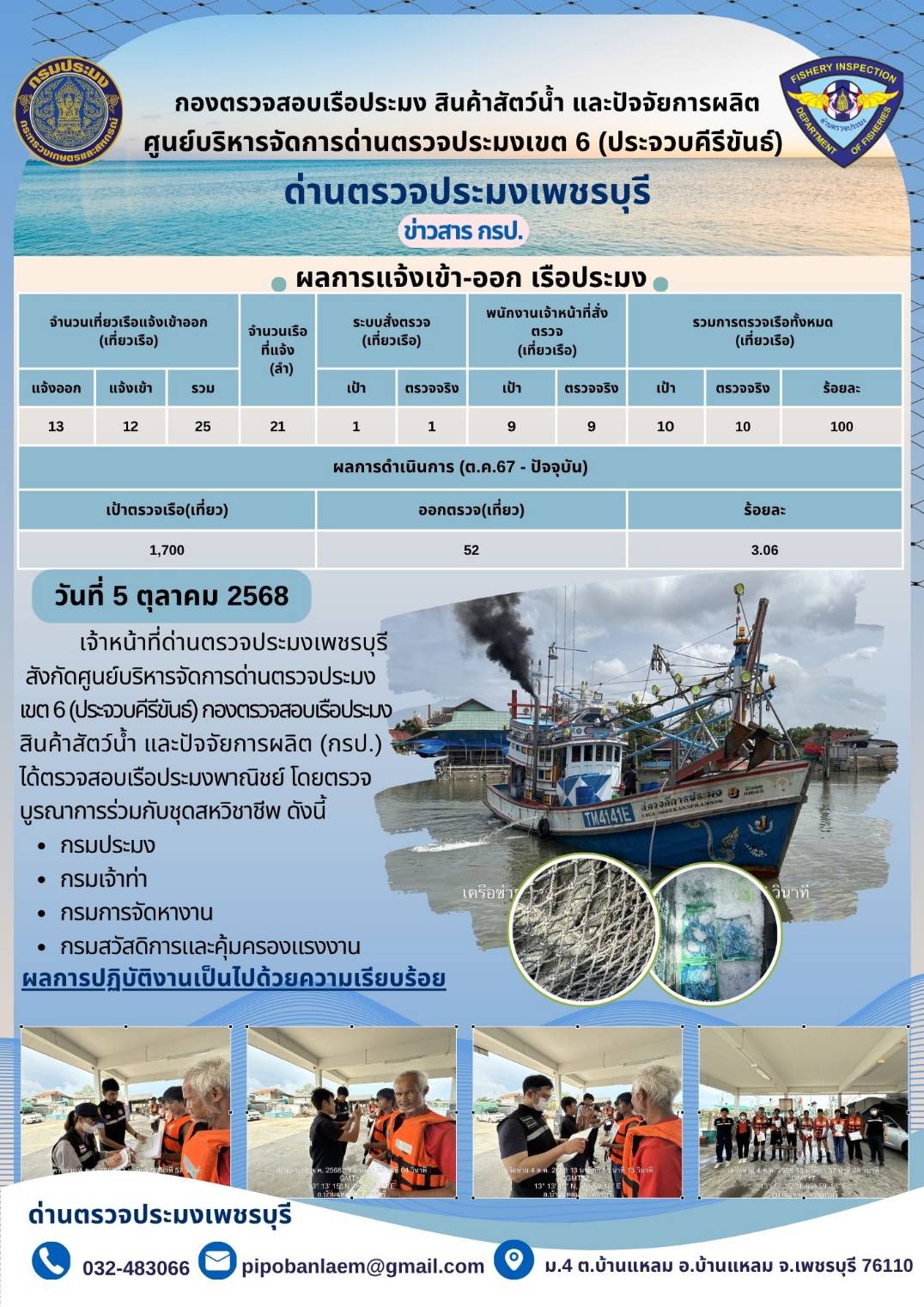 ตรวจสอบเรือประมงพาณิชย์ ณ ท่าเทียบเรือประมง