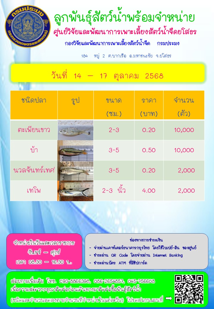 ลูกพันธุ์สัตว์น้ำพร้อมจำหน่าย 14 - 17 ต.ค. 2568