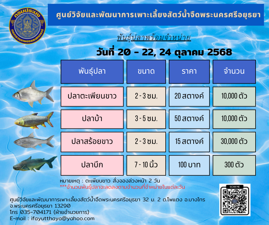 ชนิดพันธุ์สัตว์น้ำพร้อมจำหน่าย  20-22, 24 ตุลาคม 2568 ศพจ.พระนครศรีอยุธยา